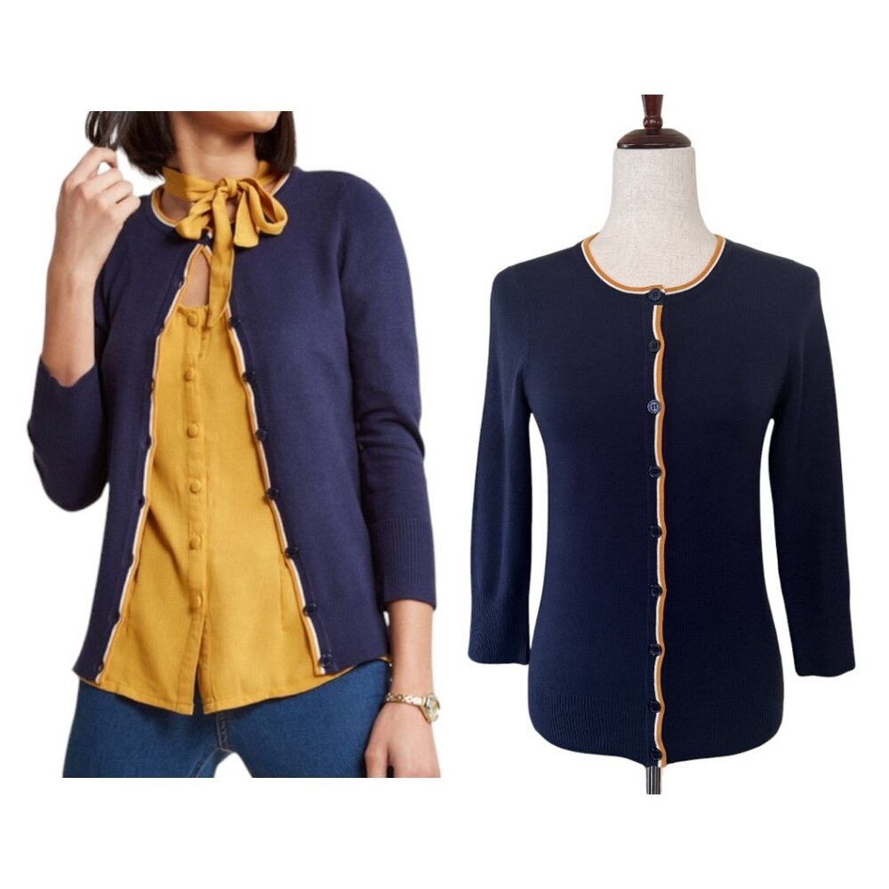 Fervour Navy Blue Cardigan w/Maize Trim sz S NEW